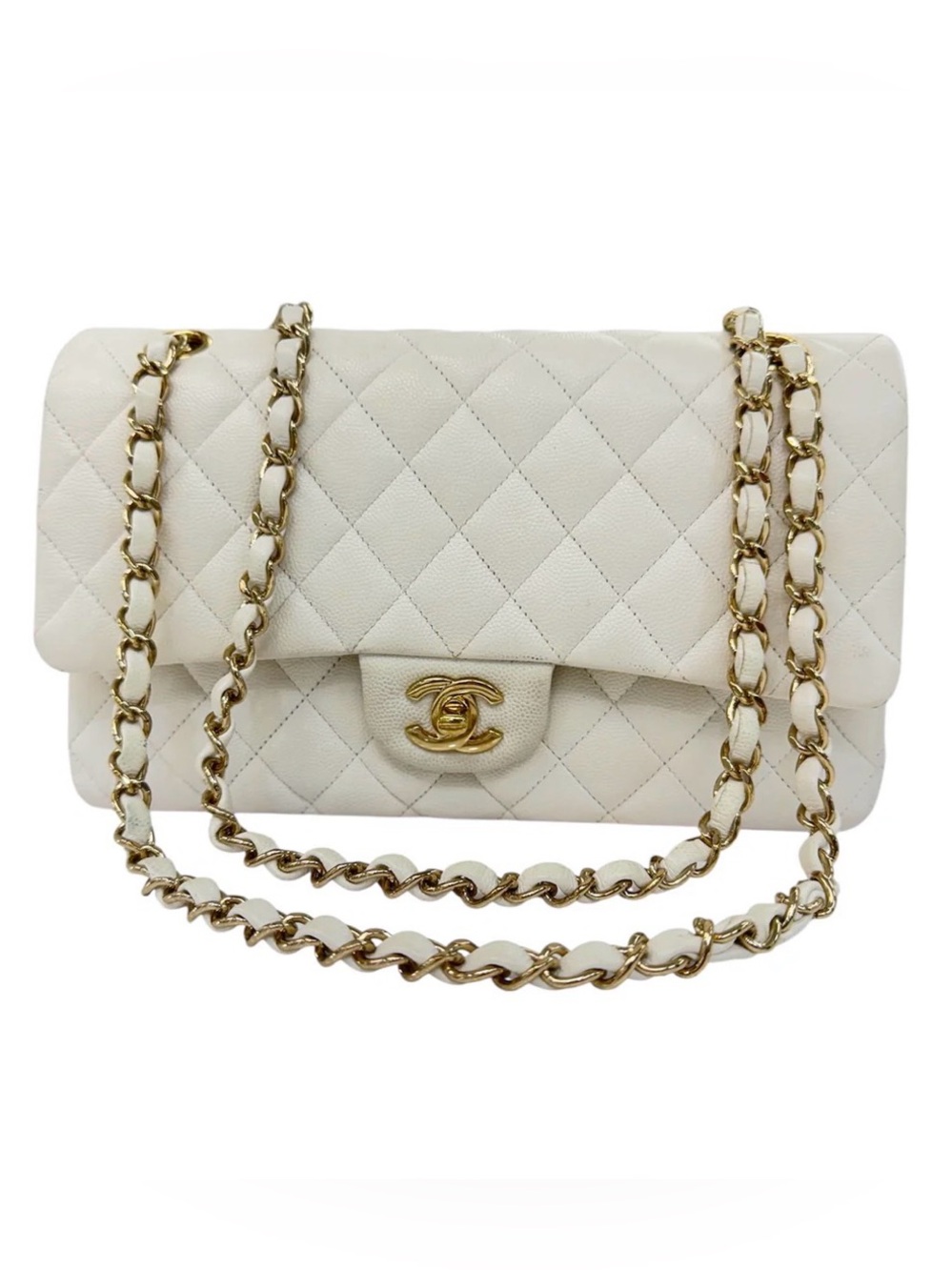 CHANEL Quilted Double Flap Shoulder Bag in Ivory with Gold Hardware